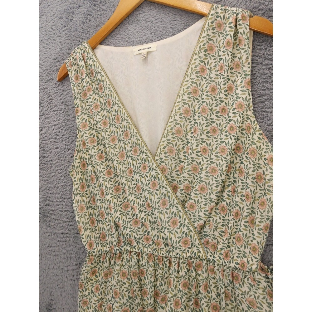 Max Studio Floral Tiered Mini Dress Sleeveless V-Neck Drawstring Waist Large - Picture 2 of 10